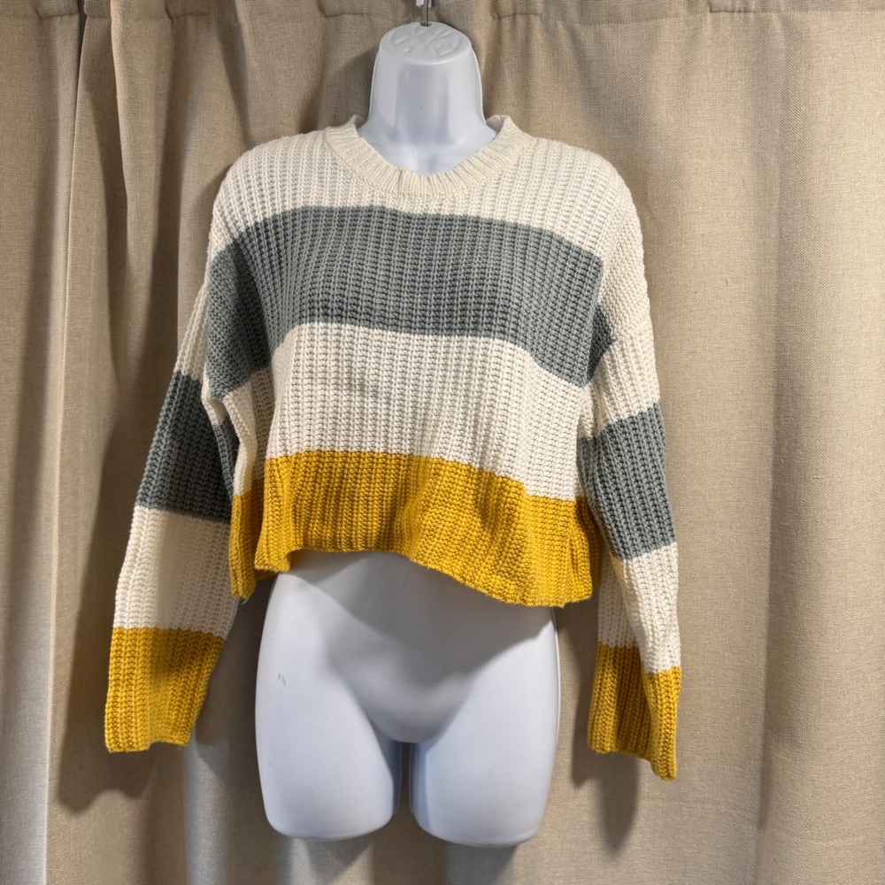 Sincerely Jules Striped Knit Cropped Sweater Cream Gray Yellow Size XS